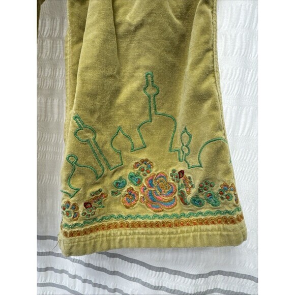 Oilily Velvet Pants Girls 104 (4) Green Flare Embroidered Y2K Hippie Cargo Soft - Picture 3 of 14
